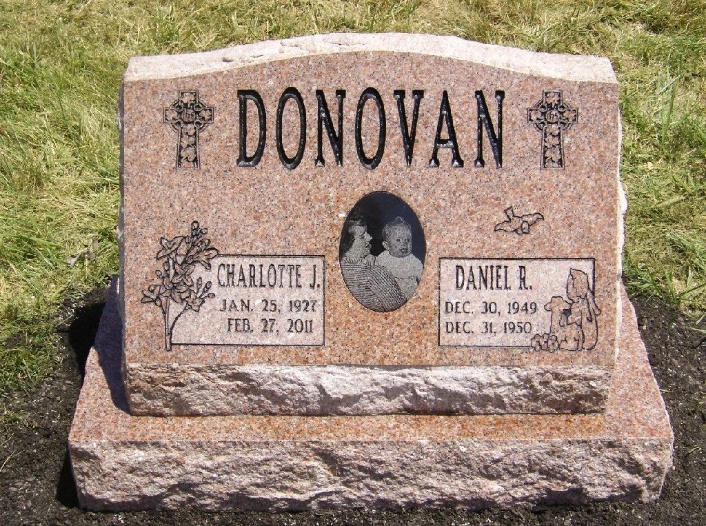 Rose granite upright with Celtic crosses and an oval portrait etching